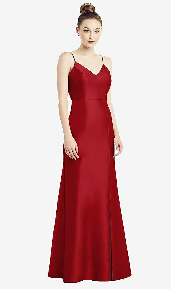 Back View - Garnet Open-Back Bow Tie Satin Trumpet Gown