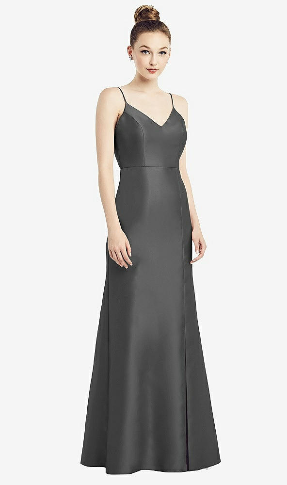 Back View - Gunmetal Open-Back Bow Tie Satin Trumpet Gown