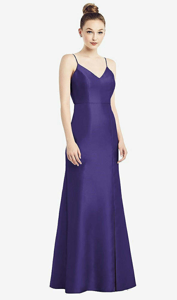 Back View - Grape Open-Back Bow Tie Satin Trumpet Gown