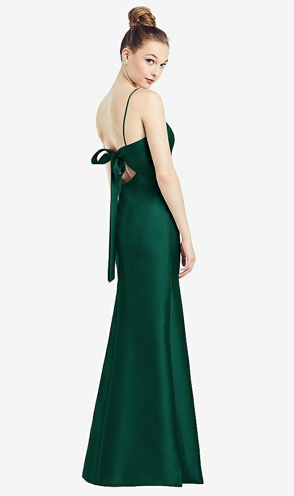 Front View - Hunter Green Open-Back Bow Tie Satin Trumpet Gown