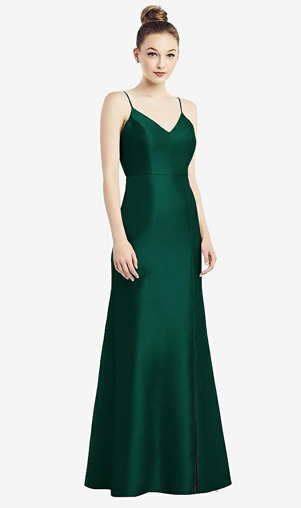 Back View - Hunter Green Open-Back Bow Tie Satin Trumpet Gown
