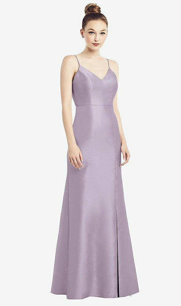 Back View - Lilac Haze Open-Back Bow Tie Satin Trumpet Gown