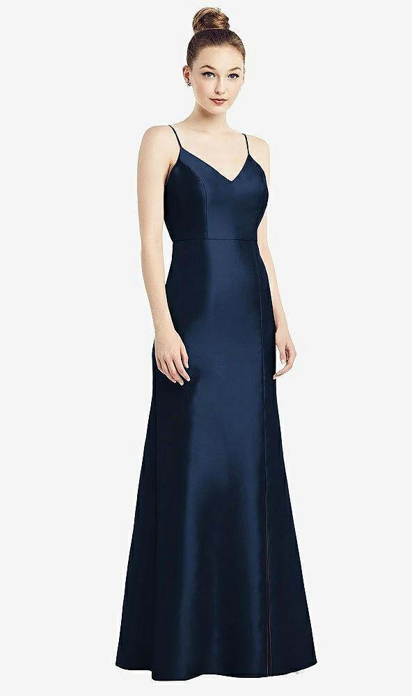 Back View - Midnight Navy Open-Back Bow Tie Satin Trumpet Gown