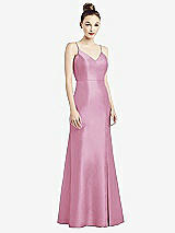 Rear View Thumbnail - Powder Pink Open-Back Bow Tie Satin Trumpet Gown
