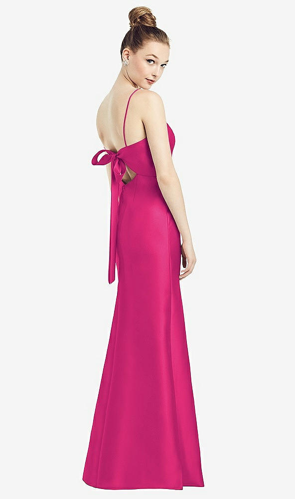 Front View - Think Pink Open-Back Bow Tie Satin Trumpet Gown