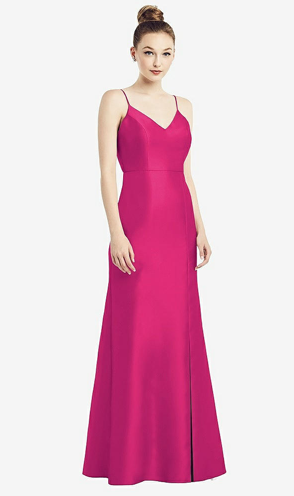 Back View - Think Pink Open-Back Bow Tie Satin Trumpet Gown
