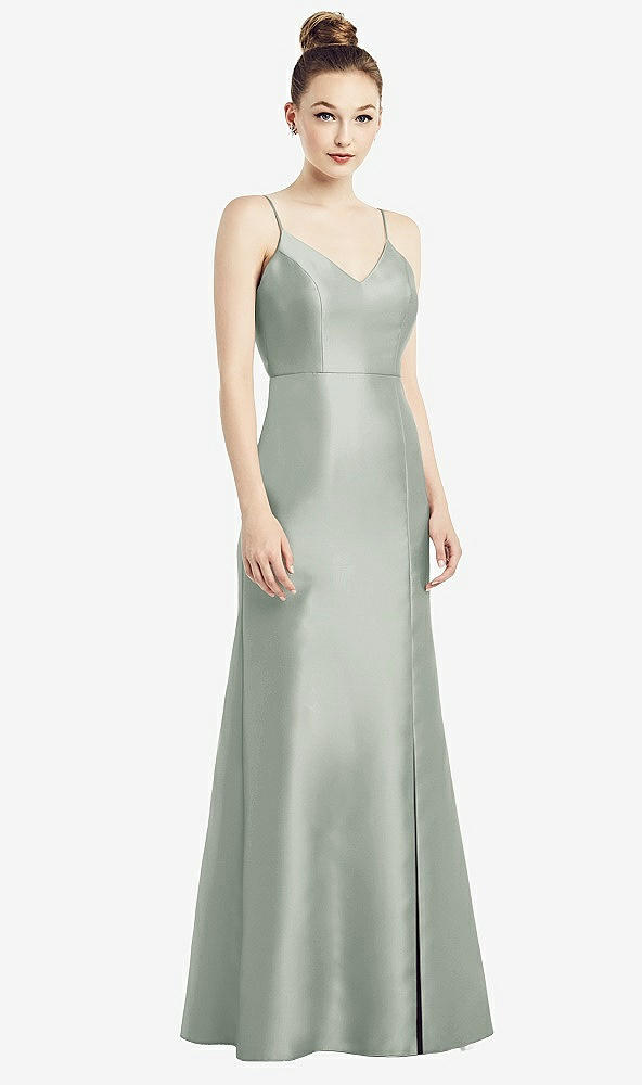 Back View - Willow Green Open-Back Bow Tie Satin Trumpet Gown