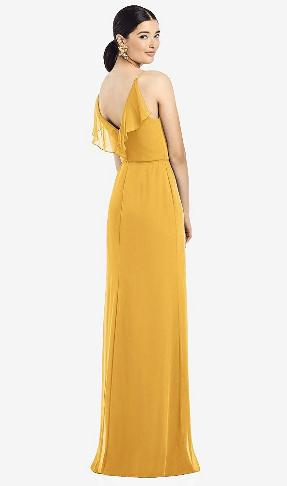 Front View - NYC Yellow Ruffled Back Chiffon Dress with Jeweled Sash