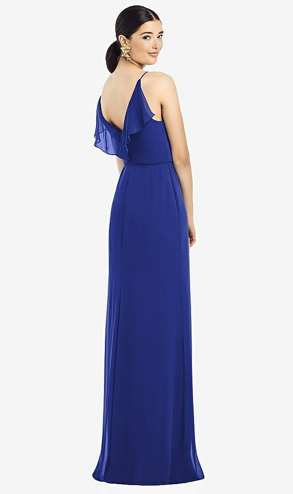 Front View - Cobalt Blue Ruffled Back Chiffon Dress with Jeweled Sash