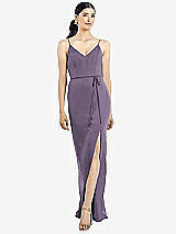 Rear View Thumbnail - Lavender Ruffled Back Chiffon Dress with Jeweled Sash