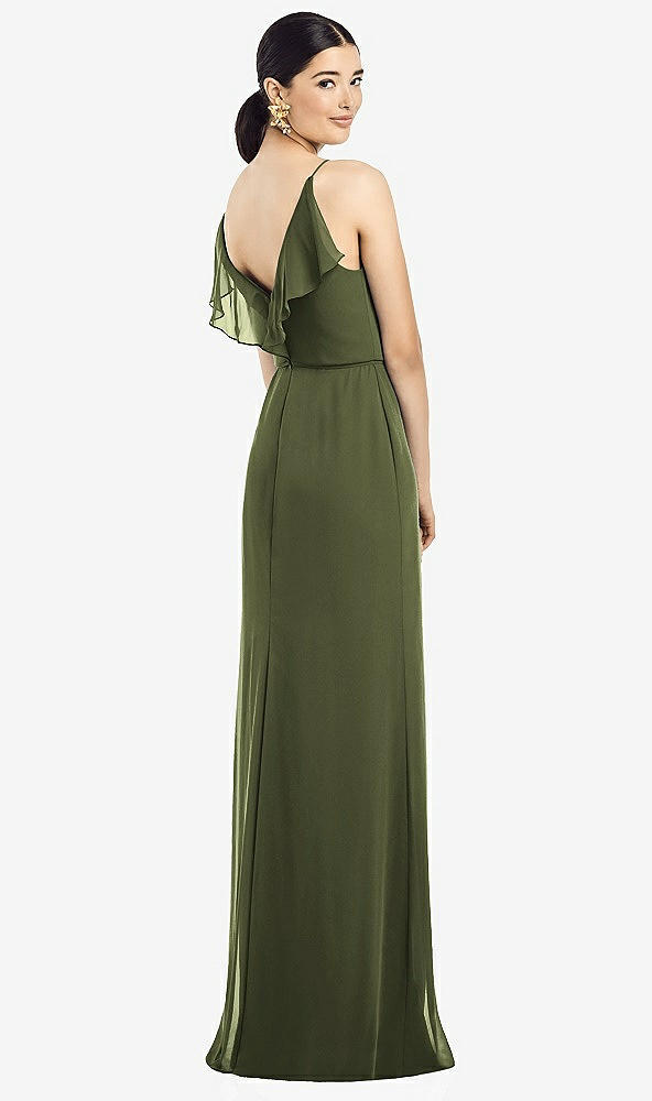 Front View - Olive Green Ruffled Back Chiffon Dress with Jeweled Sash