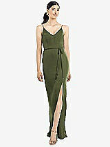 Rear View Thumbnail - Olive Green Ruffled Back Chiffon Dress with Jeweled Sash