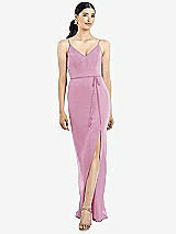 Rear View Thumbnail - Powder Pink Ruffled Back Chiffon Dress with Jeweled Sash