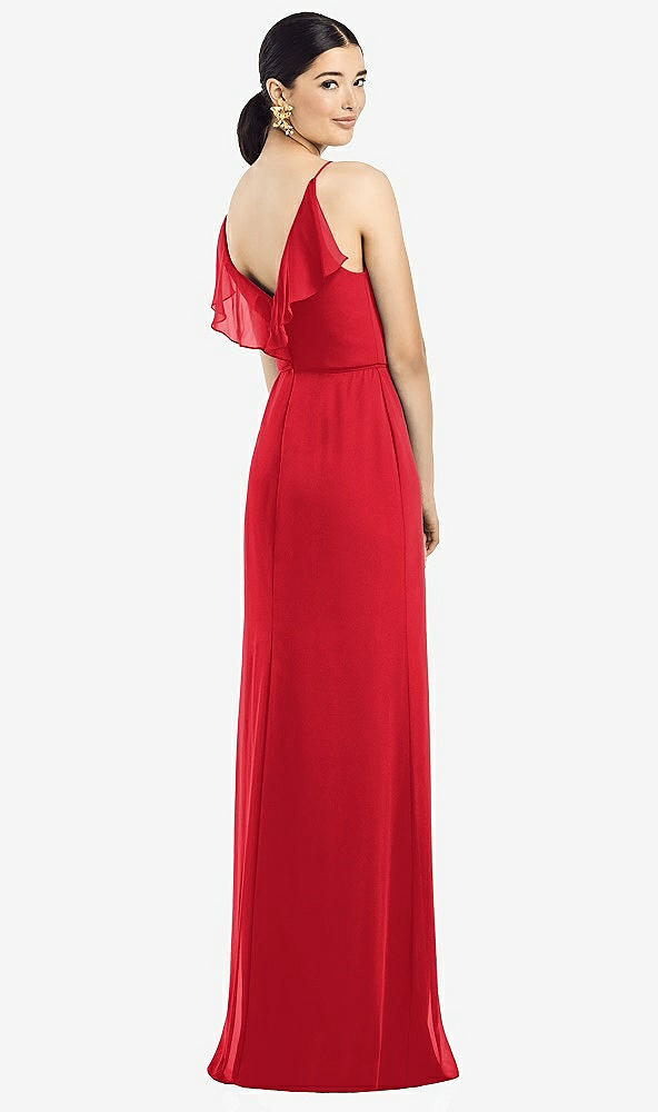 Front View - Parisian Red Ruffled Back Chiffon Dress with Jeweled Sash