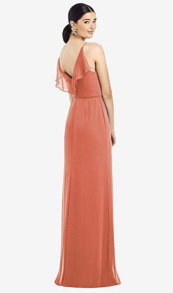 Front View - Terracotta Copper Ruffled Back Chiffon Dress with Jeweled Sash
