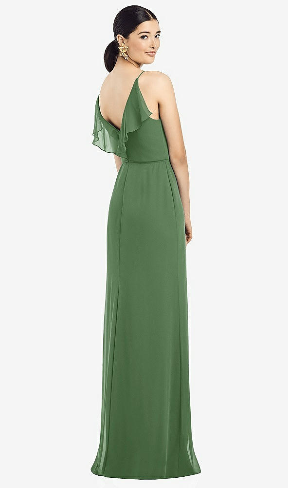 Front View - Vineyard Green Ruffled Back Chiffon Dress with Jeweled Sash