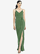 Rear View Thumbnail - Vineyard Green Ruffled Back Chiffon Dress with Jeweled Sash