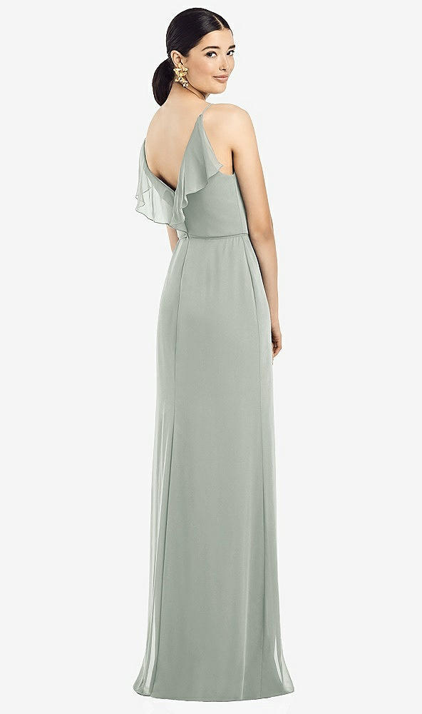 Front View - Willow Green Ruffled Back Chiffon Dress with Jeweled Sash