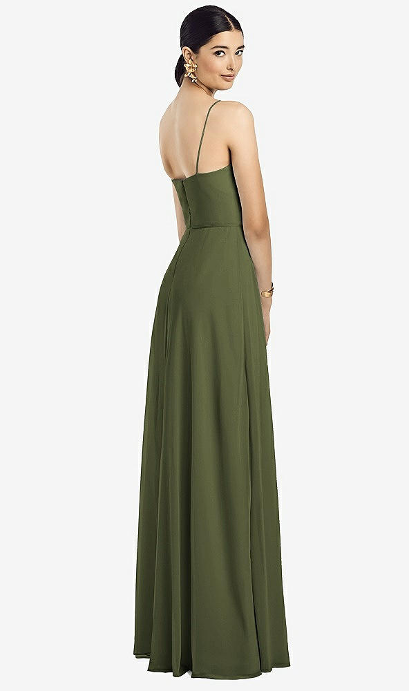 Back View - Olive Green Spaghetti Strap Chiffon Maxi Dress with Jeweled Sash