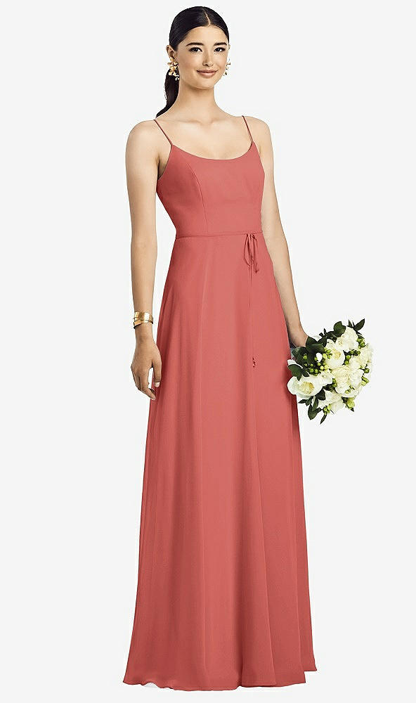 Front View - Coral Pink Spaghetti Strap Chiffon Maxi Dress with Jeweled Sash