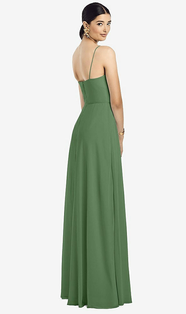 Back View - Vineyard Green Spaghetti Strap Chiffon Maxi Dress with Jeweled Sash