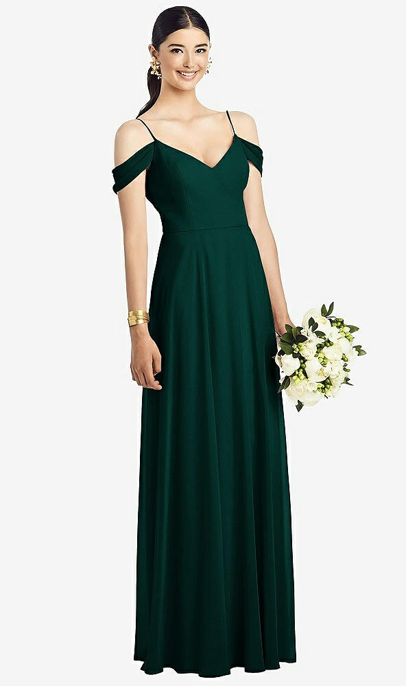 Front View - Evergreen Cold-Shoulder V-Back Chiffon Maxi Dress