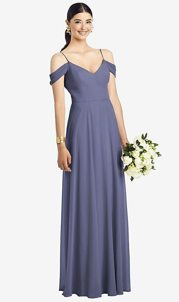 Front View - French Blue Cold-Shoulder V-Back Chiffon Maxi Dress