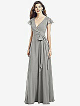Front View Thumbnail - Chelsea Gray Flutter Sleeve Faux Wrap Chiffon Dress
