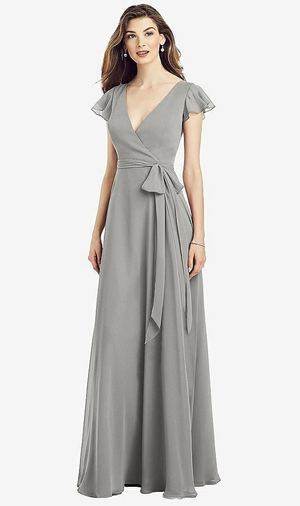 Front View - Chelsea Gray Flutter Sleeve Faux Wrap Chiffon Dress