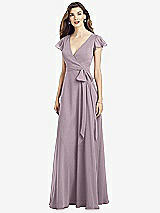 Front View Thumbnail - Lilac Dusk Flutter Sleeve Faux Wrap Chiffon Dress