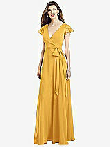 Front View Thumbnail - NYC Yellow Flutter Sleeve Faux Wrap Chiffon Dress