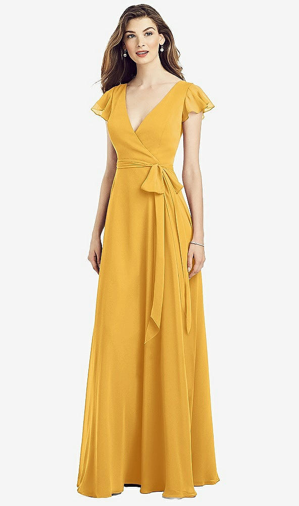 Front View - NYC Yellow Flutter Sleeve Faux Wrap Chiffon Dress