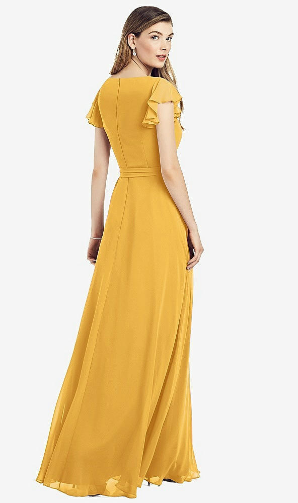 Back View - NYC Yellow Flutter Sleeve Faux Wrap Chiffon Dress