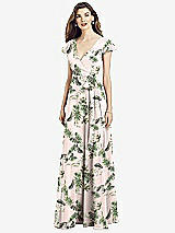 Front View Thumbnail - Palm Beach Print Flutter Sleeve Faux Wrap Chiffon Dress