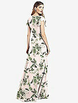 Rear View Thumbnail - Palm Beach Print Flutter Sleeve Faux Wrap Chiffon Dress