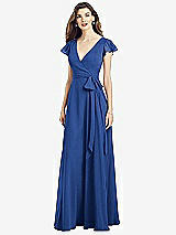 Front View Thumbnail - Classic Blue Flutter Sleeve Faux Wrap Chiffon Dress