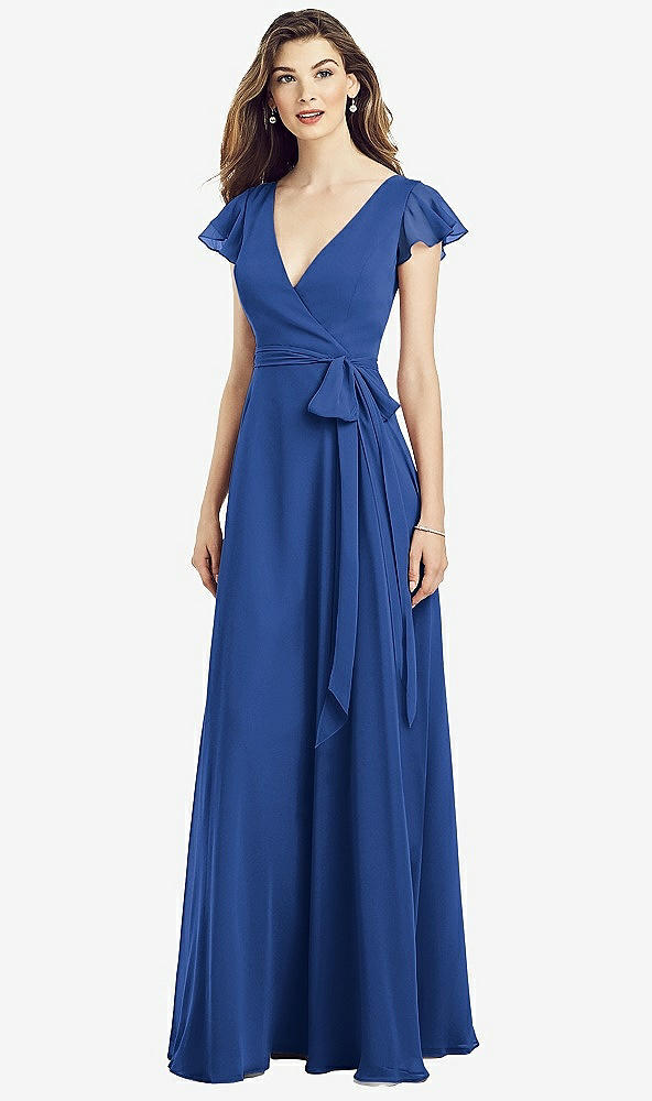 Front View - Classic Blue Flutter Sleeve Faux Wrap Chiffon Dress