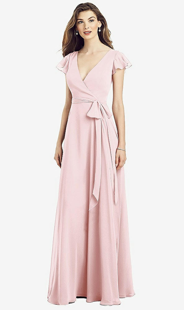 Front View - Ballet Pink Flutter Sleeve Faux Wrap Chiffon Dress