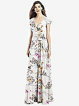 Front View Thumbnail - Butterfly Botanica Ivory Flutter Sleeve Faux Wrap Chiffon Dress