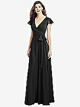 Front View Thumbnail - Black Flutter Sleeve Faux Wrap Chiffon Dress