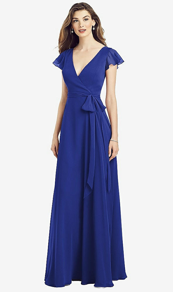 Front View - Cobalt Blue Flutter Sleeve Faux Wrap Chiffon Dress