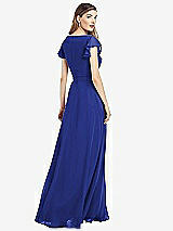 Rear View Thumbnail - Cobalt Blue Flutter Sleeve Faux Wrap Chiffon Dress