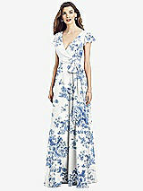 Front View Thumbnail - Cottage Rose Dusk Blue Flutter Sleeve Faux Wrap Chiffon Dress
