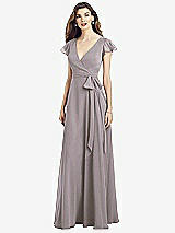 Front View Thumbnail - Cashmere Gray Flutter Sleeve Faux Wrap Chiffon Dress