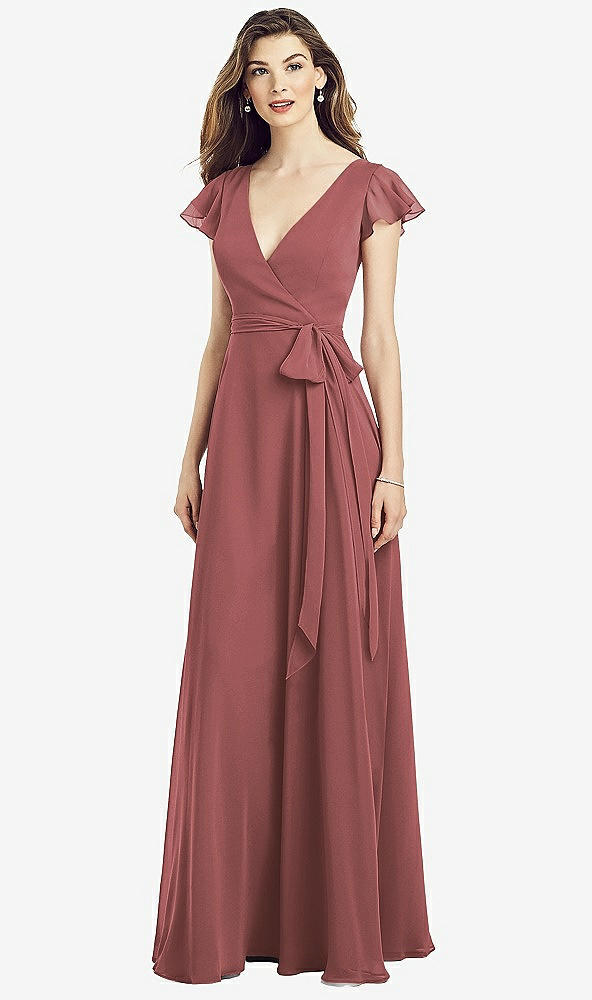 Front View - English Rose Flutter Sleeve Faux Wrap Chiffon Dress