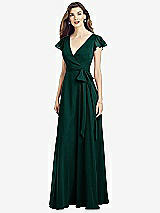 Front View Thumbnail - Evergreen Flutter Sleeve Faux Wrap Chiffon Dress