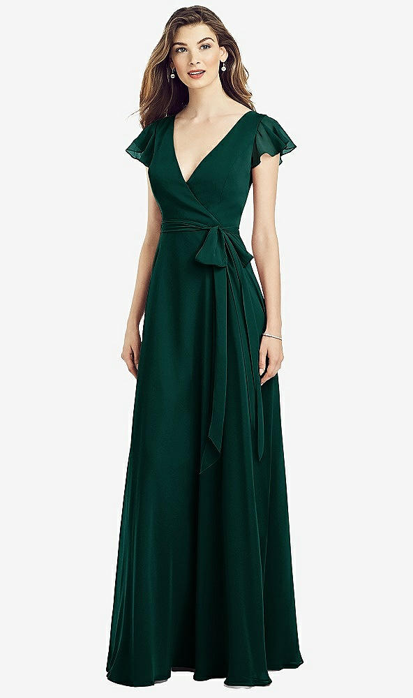 Front View - Evergreen Flutter Sleeve Faux Wrap Chiffon Dress