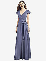 Front View Thumbnail - French Blue Flutter Sleeve Faux Wrap Chiffon Dress