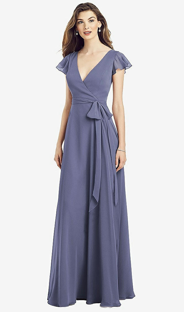 Front View - French Blue Flutter Sleeve Faux Wrap Chiffon Dress