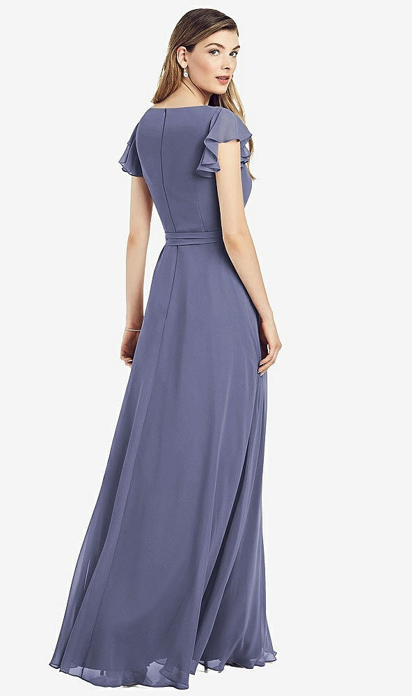 Back View - French Blue Flutter Sleeve Faux Wrap Chiffon Dress
